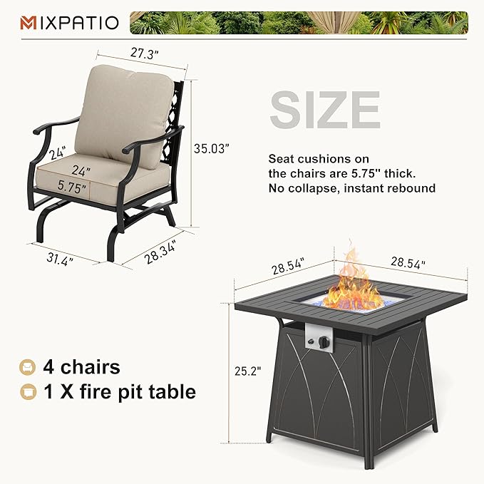 Patio Furniture Set with Fire Pit Table, 5 Pcs Metal Outdoor Conversation Set, 4 Rocking Chairs with 5.75" Extra Thick Cushion and 28" Fire Pit Table for Backyard Deck, Beige