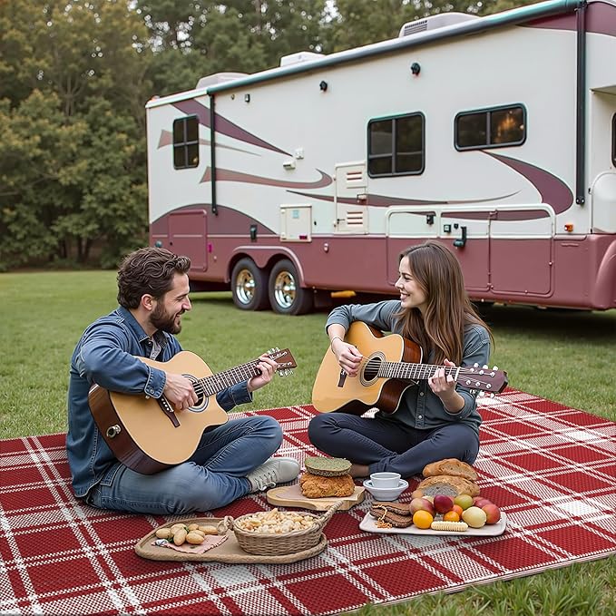 GENIMO Waterproof Outdoor Rug for Patio Clearance, 8'x10' Reversible Plastic Straw Rugs, Lightweight RV Camping Mat for Camper, Balcony, Deck, Backyard, Picnic, Red & White