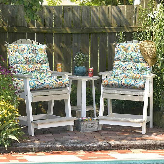 LVTXIII Outdoor Seat/Back Chair Cushion Patio Tufted High Back Cushion, Seasonal Replacement Rocking Chair Cushion with Ties (22” W x 20D”, Set of 2, Flower Blue)