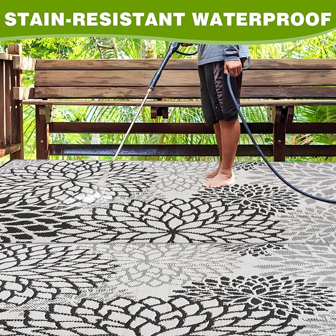 Outdoor Rug 9x12 ft with LED Light, Waterproof Reversible Outdoor Plastic Straw Rug for Patios Clearance, Large Outdoor Area Rug Carpet RV Mat for Camping Backyard Deck Porch Beach