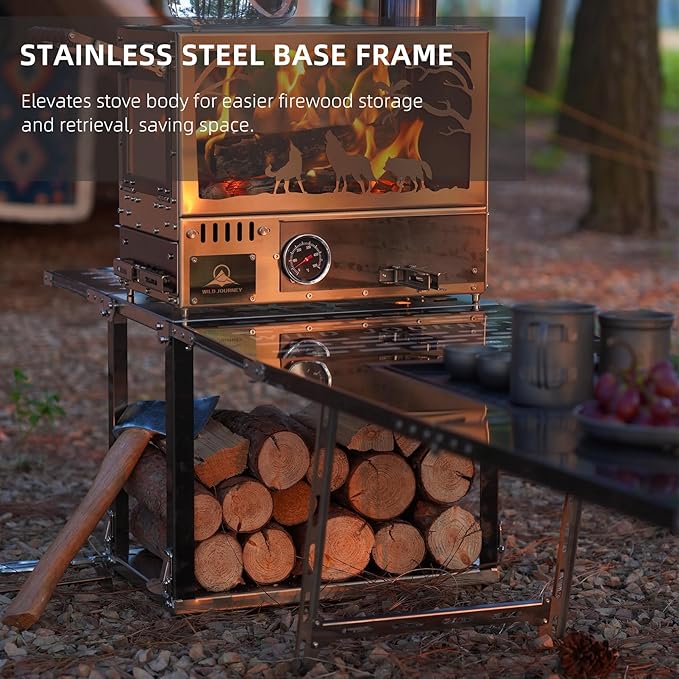 M8 Wood Burning Stove with Oven & Folding Camping Table, Stainless Steel Portable Hot Tent Stove, Including 6 Chimney Pipes, for Camping, Tents, Cooking and Travel (Silver)