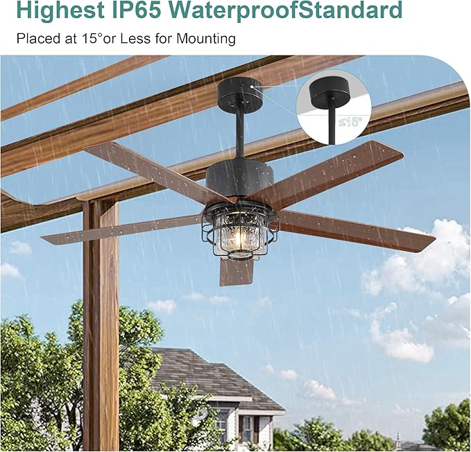 52-Inch Outdoor Fan Light,with Light and Remote Control,6-Speed Reversible DC Motor,Adjustable Height, Suitable for Pavilions and Porches.(Wood Grain)