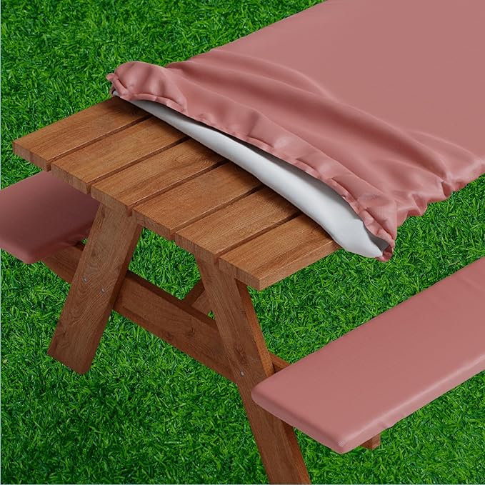 Sorfey Picnic Table Cover with Bench Covers -Fitted with Elastic, Vinyl with Flannel Back, Fits for Table 30"x 96" Rectangle,Water Proof, Solid Burgundy Design