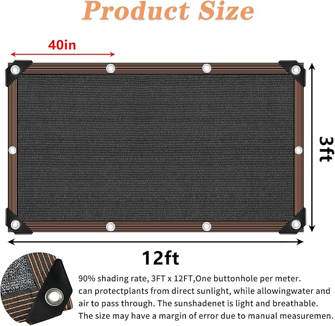 Shade Cloth, 80%-90% Garden Shade Mesh Net with Grommets, Outdoor Black Sunblock Neting Antifreezing Cover for Plant Pergola Patio Greenhouse Chicken Coop, 3x12FT