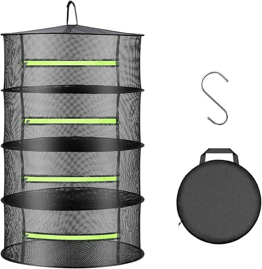 1.5ft Herb Drying Rack Net Mesh with Green Zippers Hydroponics, Bonus Hook Drying Rack for Plant Bud Seed, Mesh Hanging Plant Dry, Herb Dry Net for Garden (4 Layers, Green Zipper)