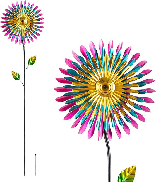 Alpine Corporation 47" Tall Outdoor Metal Windmill Triple Spinner Garden Stake Yard Decoration, Daisy