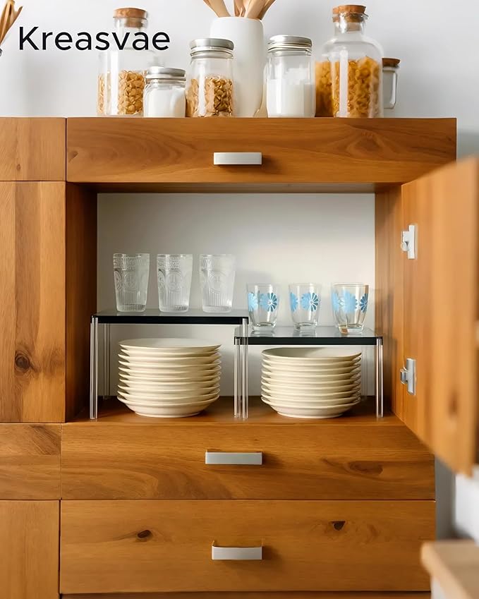 4 Pack Stackable & Expandable Acrylic Spice Rack, Black Shelf Riser for Kitchen Cabinet, Pantry, Countertop, Bathroom & Office Storage