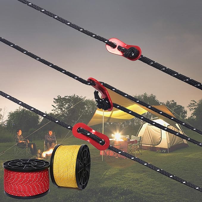 HIKEMAN 50m Reflective Guyline Solid Braid Nylon Camping Rope with Aluminum Adjuster Cord Tensioner Tent Accessory for Outdoor Travel,Hiking,Backpacking and Water Activities (Black, 3mm)