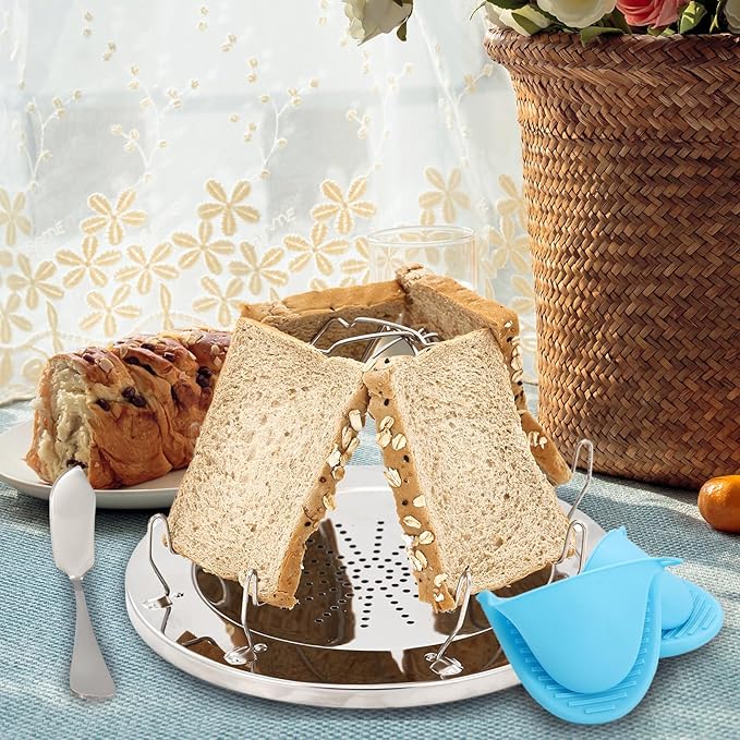 Camping Toaster 4-Slice with Oven Mitts & Butter Knife - Folding Stainless Steel Camp Stove Toaster for Gas Stove Top, Compact for Picnic, Hiking, Backyard