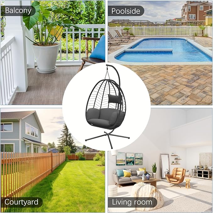 Hanging Egg Chair with Stand, Outdoor Indoor Egg Swing Chair with Cushion Headrest for Patio, Porch, Balcony, Bedroom, 350LBS Capacity (Black)