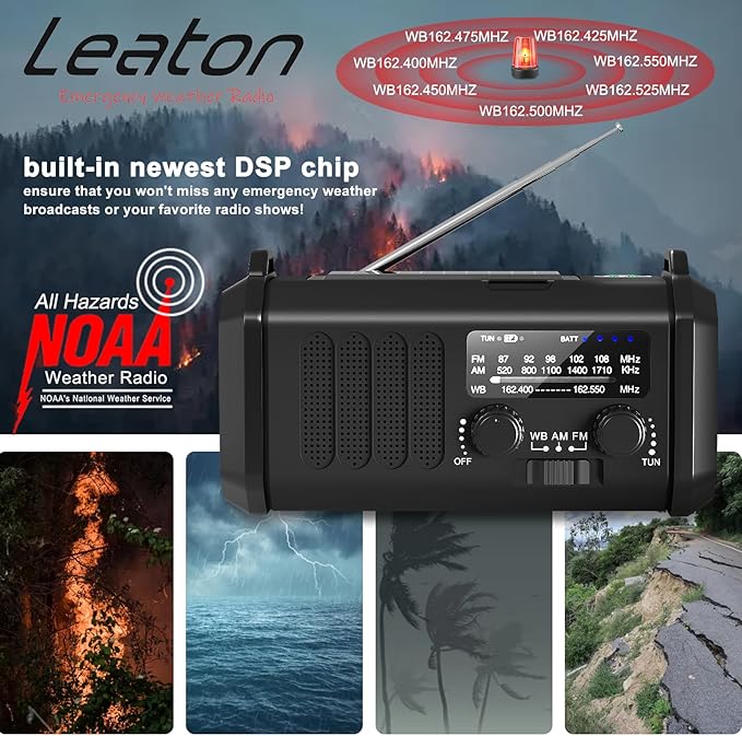 Emergency Radio NOAA Weather Radio Hand Crank & Solar Charging 20000mAh/74000mWh with AM FM Rechargeable Battery Built-in Flashlight Reading Light & SOS AM/FM & Portable for Camping & Emergencies