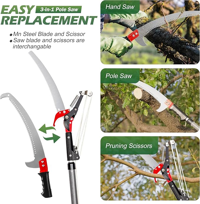 Walensee Pole Saws for Tree Trimming,7.2-27FT Extendable Tree Pruner,Manual Branch Timmer with Blade and Scissors High Branches Pruning Fiberglass Pole Pruner and Cutter Garden Tool with Storage Bag