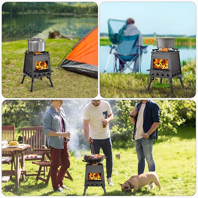 Wood Burning Stove, Camping Wood Stove, Small Portable Cast Iron Wood Stove: Compact Outdoor Cooking Solution with Carrying Bag (Lager)