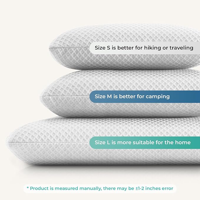 Travel Pillow Memory Foam Pillows, Camping Pillow-Compressible Medium Firm, Breathable Cover, Ideal Backpacking Hiking, Bed Pillows, Airplane and Car (White, S)