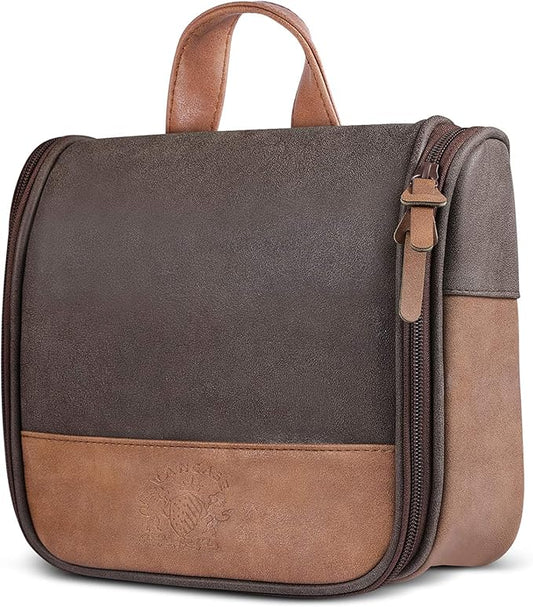 Hanging Toiletry Bag for Men VANCASE Vintage Leather Shaving Dopp Kit Medium Waterproof Travel Bathroom Bags Portable Shower Organizer