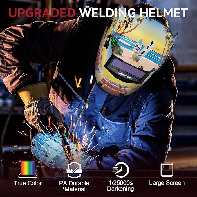 ARCCAPTAIN Welding Helmet Auto Darkening, 1/1/1/1 True Color Welding Hood, 4 Arc Sensor 1/25000s Response Time Solar Powered Weld Hood Helmet, Holiday