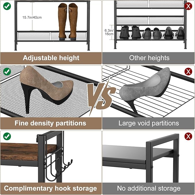 Refrze Shoe Rack for Front Door Entrance, 5 Tier Height-Adjustable Metal Shoe Rack, Sturdy Wooden Top and Tiltable Steel Frame Heavy Duty Shoe Organizer for Bathroom,Bedroom,Kitchen，Include Hook