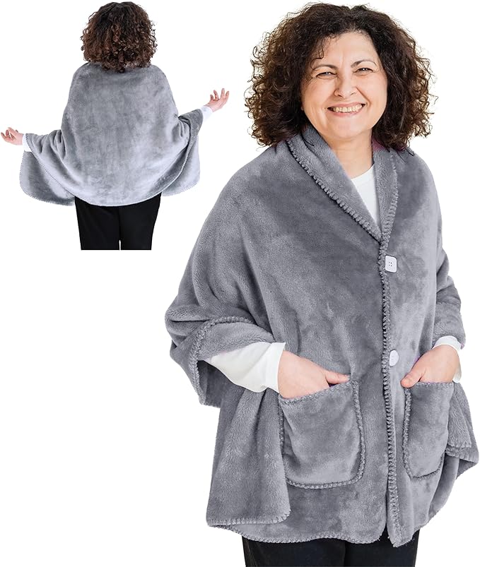 Fleece Poncho Blanket -Drape and Go No Sleeves- Lightweight Warm Wrap Shawl - Wearable Blanket - Lap Blanket - Gift for Grandma and Mom (100% Fleece, Silver Grey)