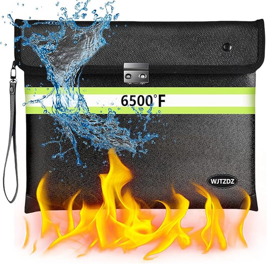 6500°F Fireproof Document Bag with Lock,2025 Upgraded Fireproof/Waterproof Money Bag with Zipper/Reflective Strip,Storage Pouch for A4 Letter Size Document,Cash,Cell Phone,Passport