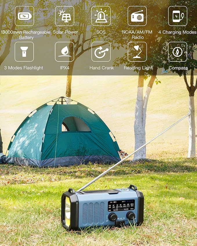 13000mAh Emergency Radio with NOAA Weather Alert, Portable Solar Hand Crank AM/FM Radio for Survival, Rechargeable Battery Powered, USB Charger, Flashlight, Reading Lamp, for Home Outdoor