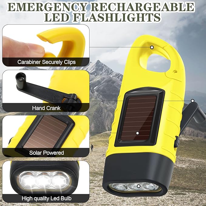 Leelosp 9 Pieces Hand Crank Flashlight Solar Powered Flashlight for Emergencies Dynamo Rechargeable LED Survival Light for Outdoor Sports Hiking Camping(Black,Green,Yellow)