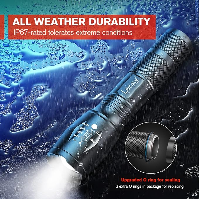 LETMY LED Tactical Flashlight S2000 [4 Pack] - High Lumens, Zoomable, 5 Modes, Waterproof Handheld LED Flashlight - Best Camping, Outdoor, Emergency, Everyday Flashlights