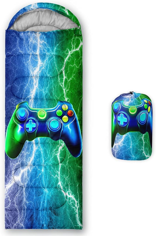 Axolotl Blue Gamepad Sleeping Bag,Waterproof Lightweight Gaming Sleeping Bag Game Console Camping Bag for Boys Teens,Warm and Cool Weather Green Portable Sleeping Bag for Camping Outdoor Indoor