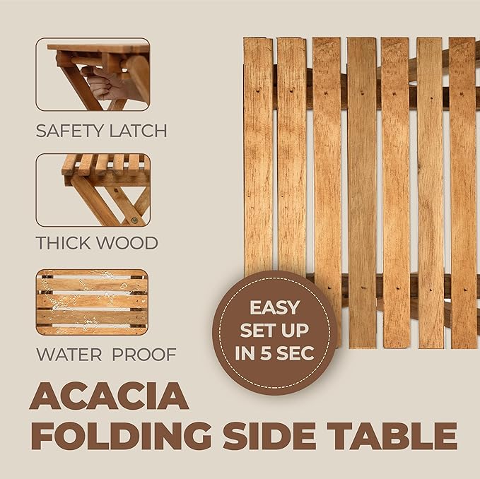 2PCs Folding Side Tables, Waterproof Patio Foldable End Table, Portable Side Table for Indoor and Outdoor Garden, Porch, Balcony, Camping, Fishing, Natural Color, Small Size 14 inch Height