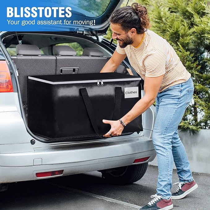 BlissTotes Moving Bags, Heavy Duty Moving Boxes with Zippers Top and Sturdy Handles, Storage Bags for Space Saving and Packing, Collapsible Moving Supplies, Storage Totes (76L, 8-Pack, Black)