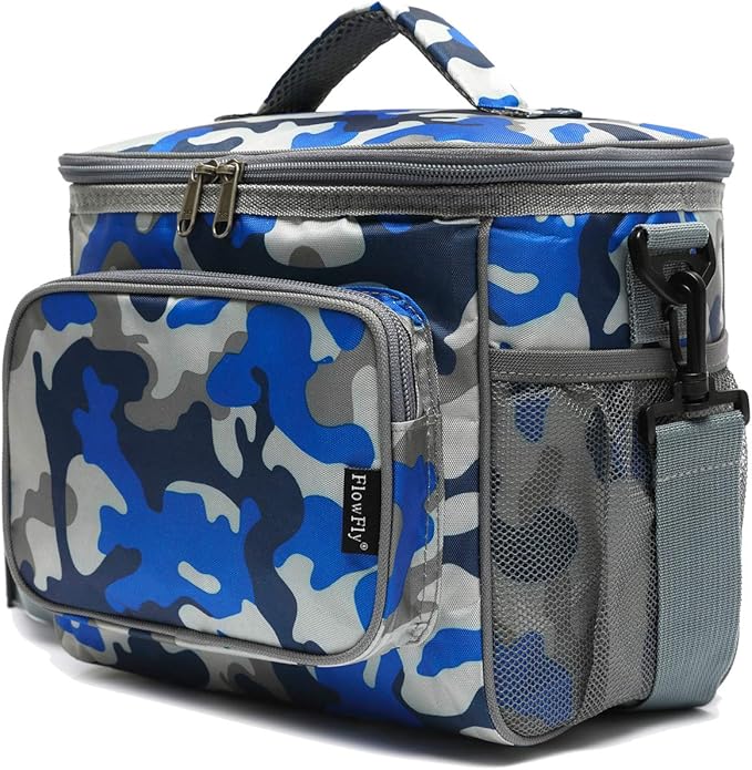 FlowFly Insulated Reusable Lunch Bag Adult Large Lunch Box for Women and Men with Adjustable Shoulder Strap,Front Zipper Pocket and Dual Large Mesh Side Pockets,BlueCamo