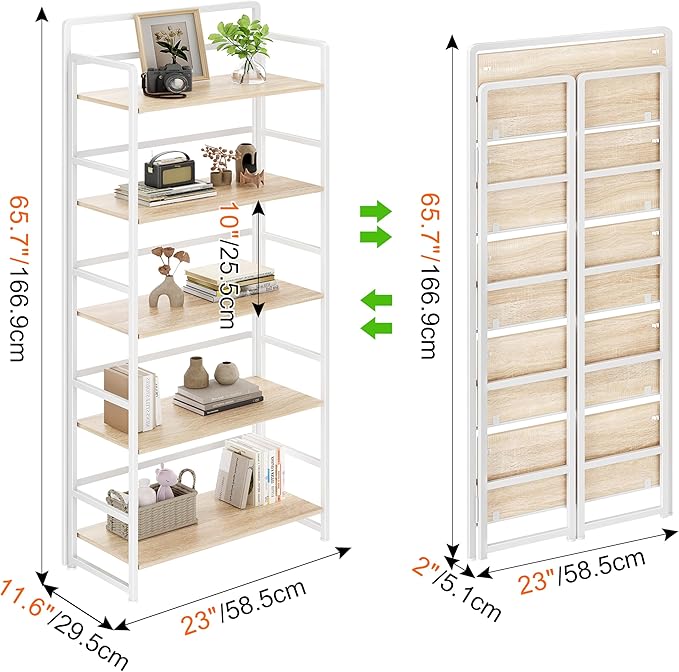 No Assembly Folding Bookshelf, 5 Tiers Collapsible Book Shelf for Home Office, Vintage Wood Foldable Bookcase Storage Organizer for Living Room Bedroom (Beige)