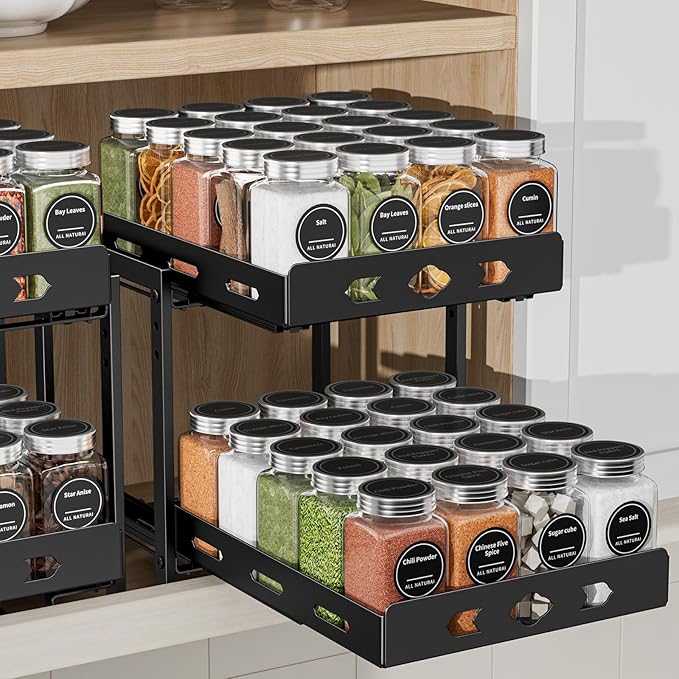 Pull Out Spice Racks for Inside Cabinets, 2-Tier Cabinet Spice Rack, Height Adjustable Spice Rack Organizer for Cabinet, Kitchen Vertical Spice Rack (9.7''Wx10.8''Dx9.2''H, Metal Black)
