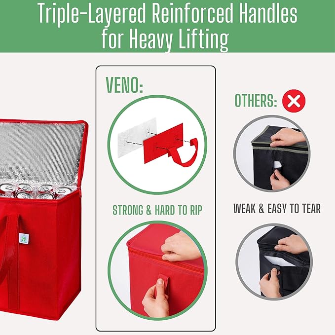 VENO 2 Pack Cooler Bag and Insulated Grocery Bags for Food Delivery, Collapsible Cooler, Reusable Shopping Bags for Groceries with Zipper, Foldable, Heavy-Duty, Stands Upright (Red, 2 Pack)