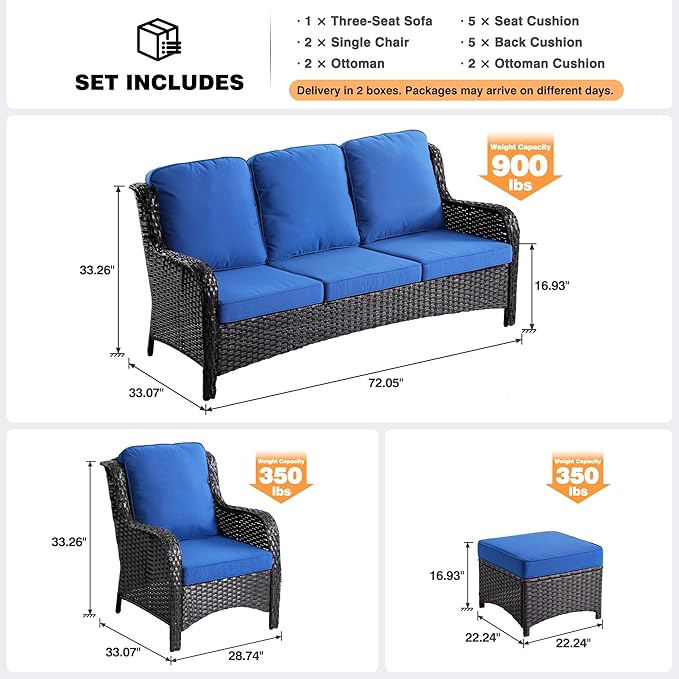 ovios 7 Pieces Patio Furniture Set, Outdoor Wicker Sofas with 4 Chairs, Ottomans and Comfy Cushions, All Weather High Back Couch Set for Deck Porch, Brown Rattan, Navy Blue