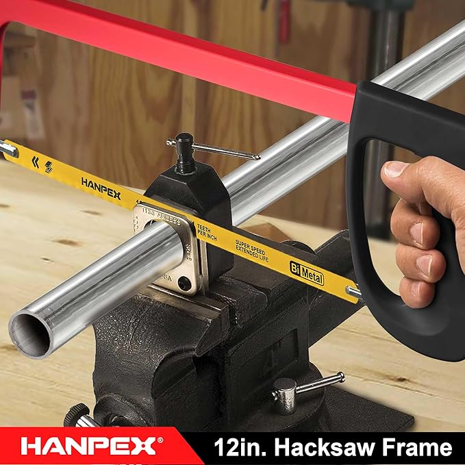 12in. High-Tension Hacksaw Frame with 24 TPI Bi-metal Blade, Hand Saw Suitable for Metal, wood, PVC, Carpentry（Black Handle）