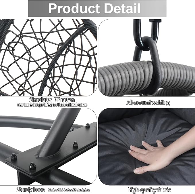 Hanging Egg Chair with Stand - Egg Swing Chair Outdoor Indoor Patio Wicker Chair Swing Hammock Egg Chairs 400lbs Capacity for Outside Patio, Bedroom, Garden and Balcony (Grey-Nest, 1PC)