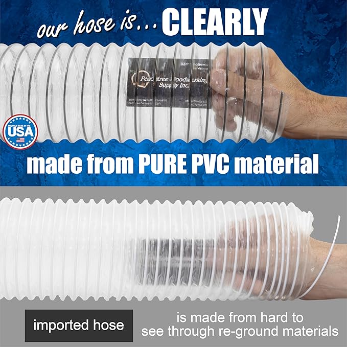 PVC Dust Collection Hose w/4 Thumbscrew Clamps, Puncture Resistant, Carbon Steel Wire, Clear Flexible PVC Dust Collector Hose, Proudly Made in USA (2 1/2" x 10')