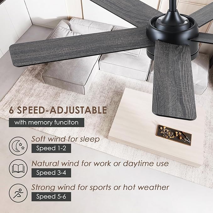 46" Black Ceiling Fans with Lights - Low Profile Ceiling Fan with Lights and Remote/APP, 5 Dual-Sided Blades, Reversible DC Motor, Modern Ceiling Fan for Indoor and Outdoor Use