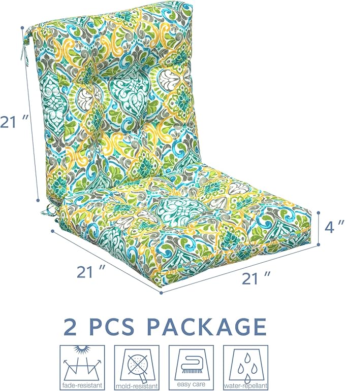 LVTXIII Outdoor Tufted Low Back Cushions, Solid Fluffy Seat and Back Chair Cushion with Ties, Patio Replacement Rocking Chair Cushion for Outdoor Furniture Use, 21 W x 21D, 2 Pack, Damask Green
