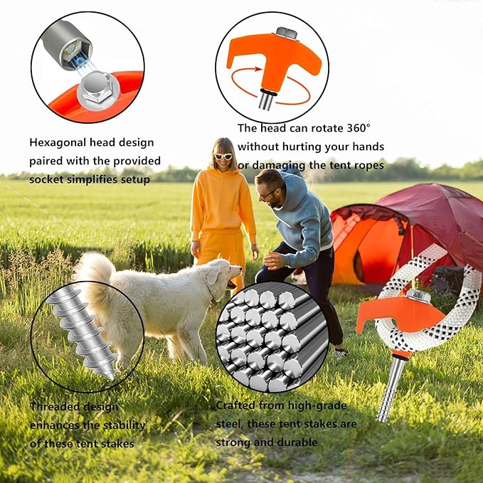 8" Screw in Tent Stakes Heavy Duty, Ground Anchors Screw in, Metal Threaded Tent Spikes, Camping Pegs for Canopies & Gardening Inflatable Decor (20 PCS Orange)