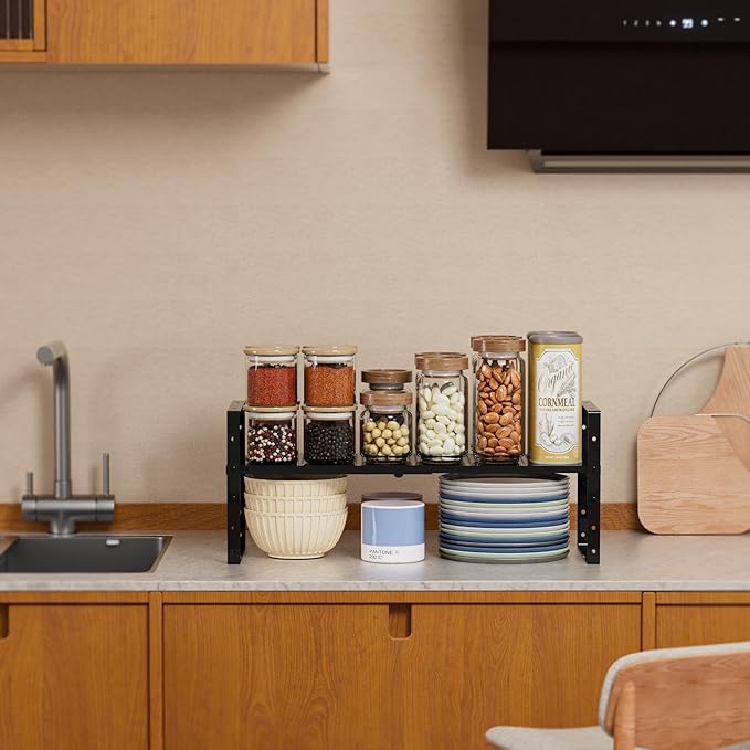 Expandable Spice Rack, Stackable Metal Pantry Storage Shelves Stand, Adjustable Height Cabinet Shelf Organizer Racks(1PACK/Black,Medium)