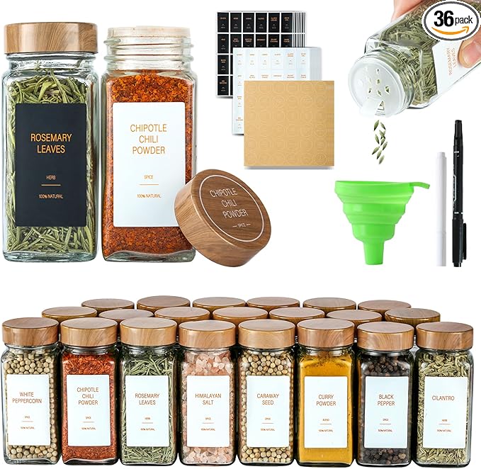 Spice Jars with Label，4oz Seasoning Containers, Glass Spice Bottles with Shaker Lids,Funnel, Chalk Pen (36)