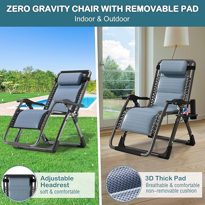 NAIZEA Padded Zero Gravity Chair, Cooling Fabric Folding Outdoor Lounge Chairs, Adjustable Reclining Camping Chairs with Cup Holder, Ergonomic Patio Lawn Chair for Balcony Beach Deck Yard
