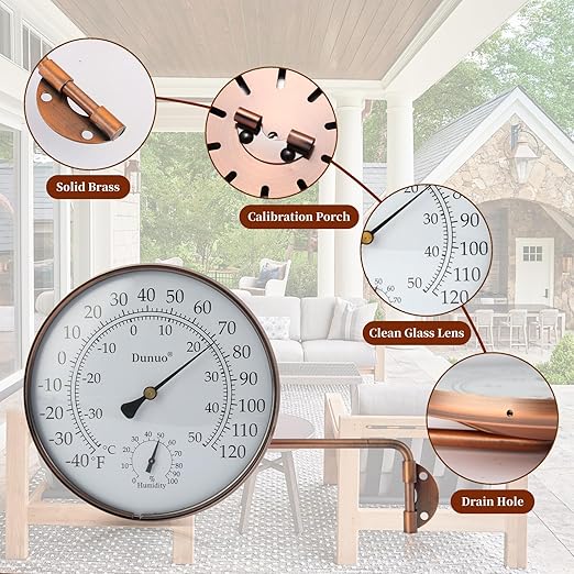 6" Outdoor Thermometer for Greenhouse, Garage and Patio. Weatherproof & Decorative Outside Temperature Gauge for Window, Antique Copper with Humidity (Easy-Read Brass Swivel Design)