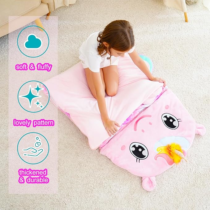 Kid Sleeping Bag with Pillow - Larger Toddler Nap Mat - Plush Slumber Bag for Boys Girls Daycare Preschool Kindergarten Birthday Gift Travel Sleepover Ages 3-12 Years