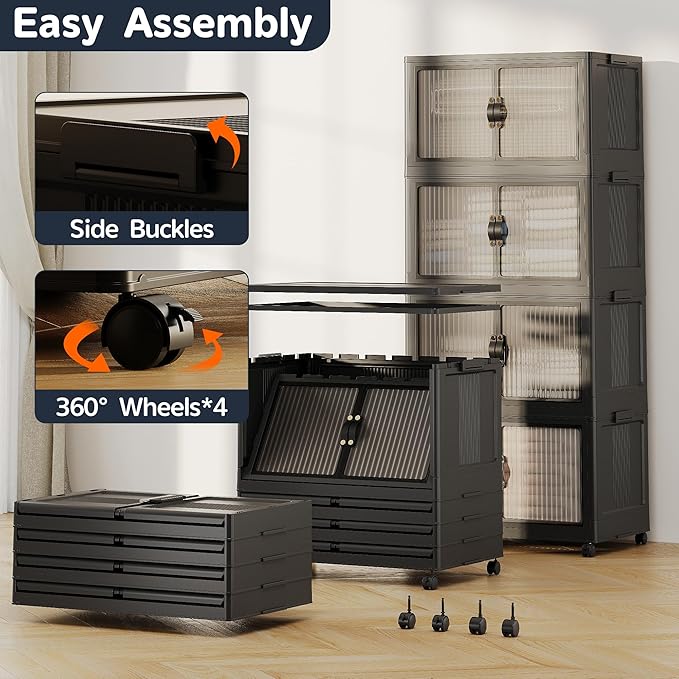 JONZEN 105Gal Extra Large Storage Bins with Lids, 420QT Stackable Collapsible Bins with Doors Wheels, Closet Organizers and Storage, Foldable Plastic Box Cabinet for Home Garage, 4Pack Black