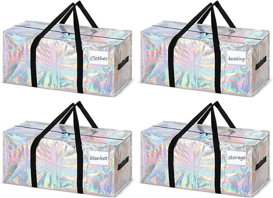 4 Pcs 24 Gallon Large Moving Bags with Zipper and Handles Foldable Storage Duffle Bags Heavy Duty Extra Large Totes for College Dorm Travel Clothes Blankets Bedding Moving (Iridescent)