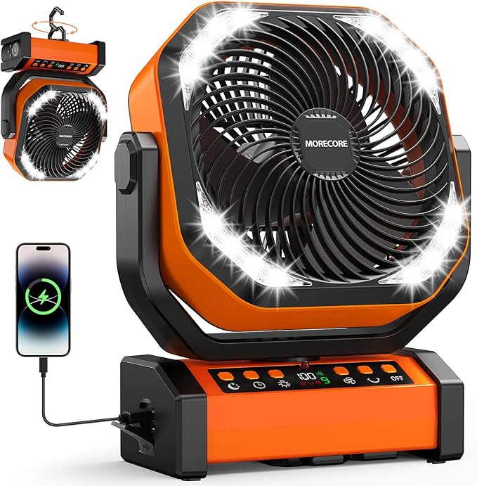 MORECORE 20000mAh Rechargeable Camping Fan with Light, 112HRS Running, 8-Speed, Auto Oscillating, Timer, LED Digital Display, 270°Pivot with Hook for Tent RV Emergency Garage-Orange