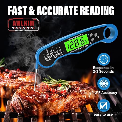 AWLKIM® Meat Thermometer Digital - Fast Instant Read Food Thermometer for Cooking, Candy Making, Outside Grill, IP67 Waterproof Kitchen Thermometer with Backlight, Stocking Stuffers for Men - Blue