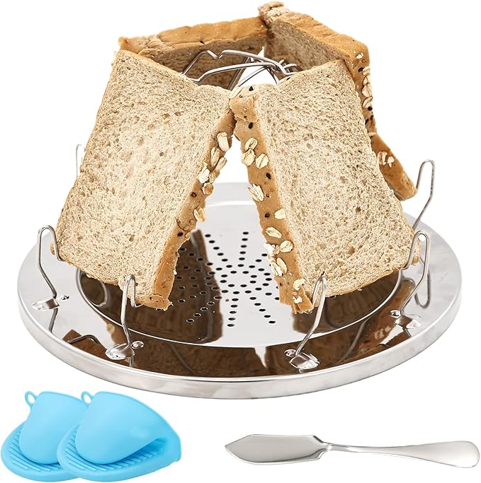 Camping Toaster 4-Slice with Oven Mitts & Butter Knife - Folding Stainless Steel Camp Stove Toaster for Gas Stove Top, Compact for Picnic, Hiking, Backyard